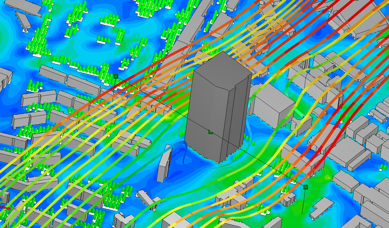 ビル風解析イメージ:高層建物周辺の気流解析例